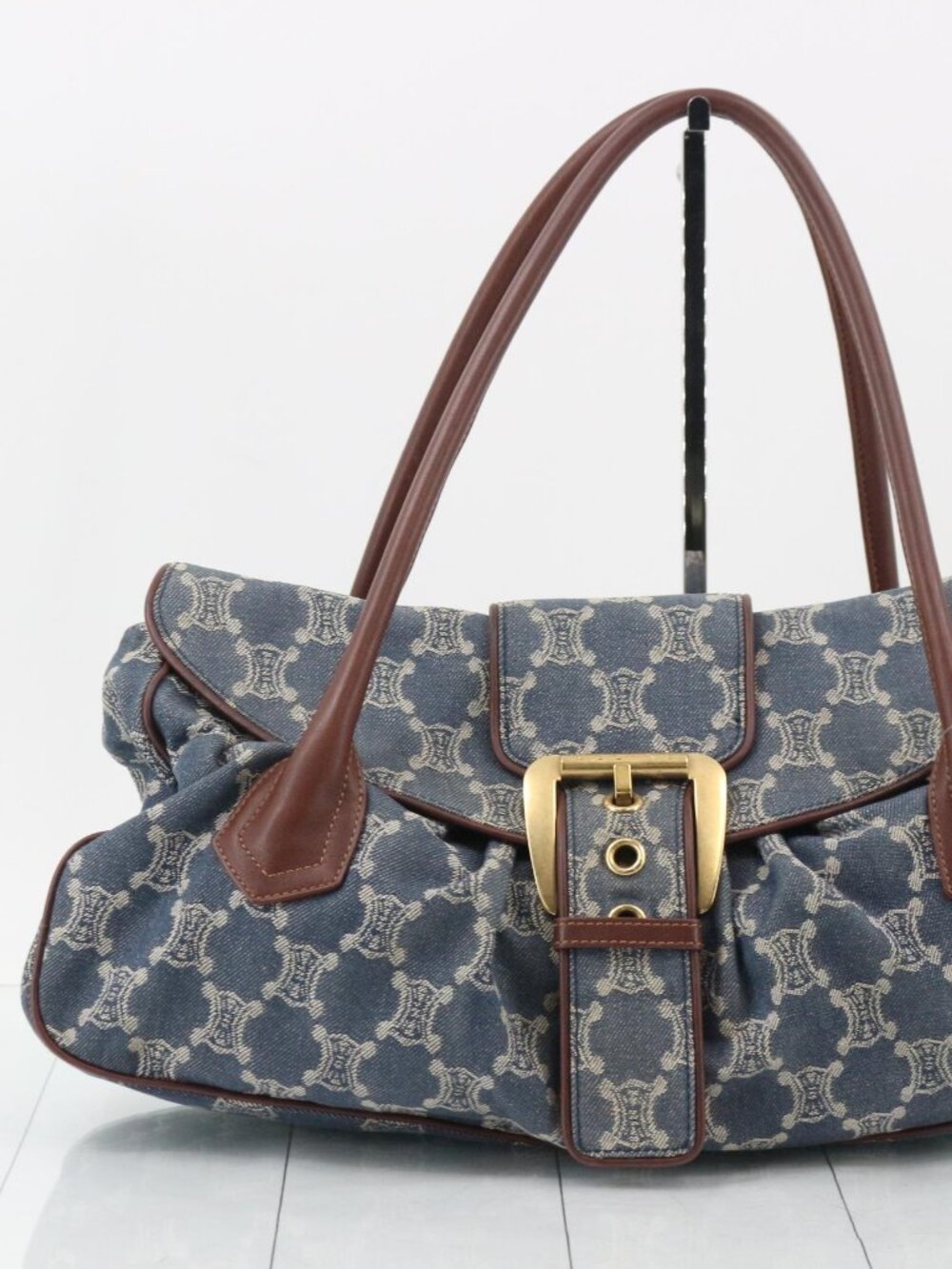 Celine Blue Monogram Canvas Tote with Brown Leather Trim